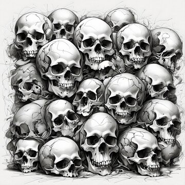 Pile of cracked human skulls graphic design element in black and white monochrome
