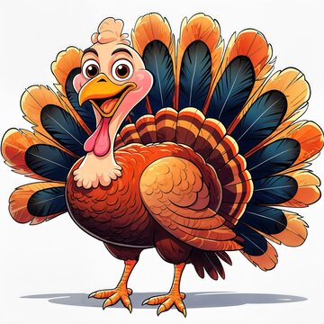 A cheerful cartoon turkey with its tail feathers spread wide, ready to celebrate. Its eyes are wide and its beak is open in a happy expression, embodying the spirit of Thanksgiving
