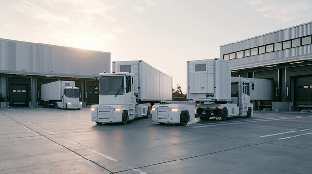 Medium shot of automated tow tractors organizing trailer placements near loading bays in a logistics yard highlighting smart technology and streamlined inbound processes.