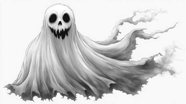 Smiling ghost floating with trailing smoky tail on white