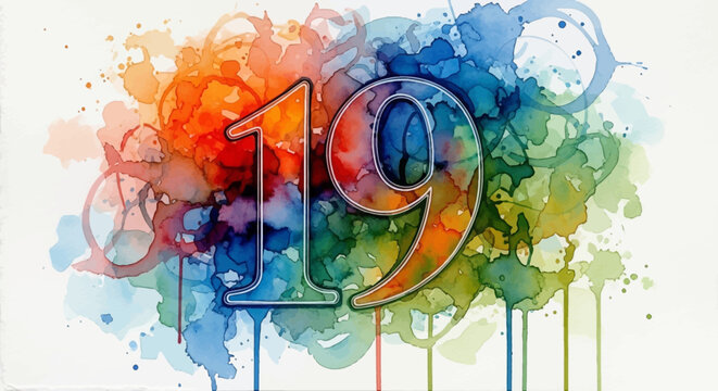 Vibrant watercolor nineteen with color bursts and artistic numeral illustration without commas