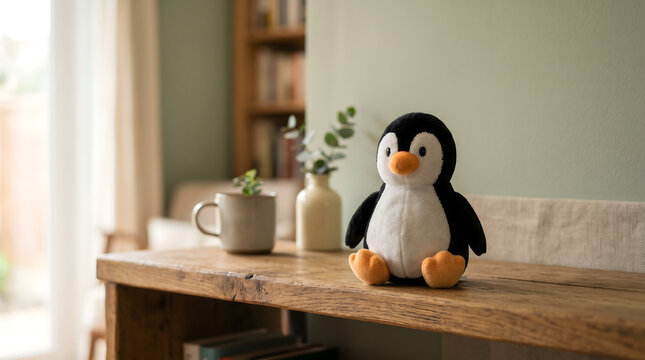 cute penguin toy sitting on the desk next to the plants on calm  kitchen environment