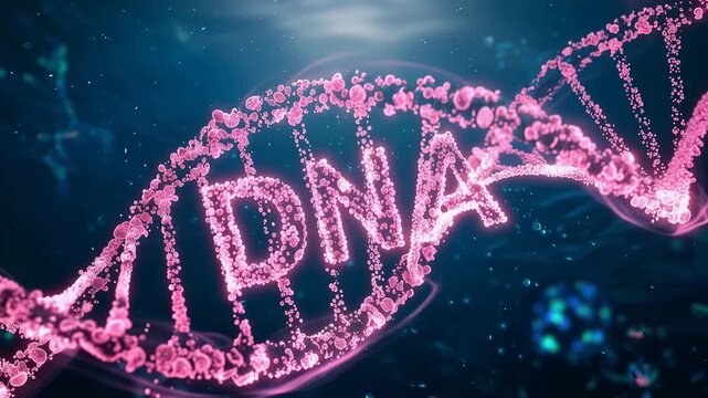 Abstract 3d illustration of a dna double helix structure composed of glowing pink particles on a dark blue background 4k video