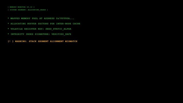 Memory Breach Detected Terminal Screen Displaying Hex Dump Overwrite Attempt Warning Sign And Volatile Pool Access Terminated Red HUD Interface.