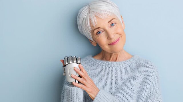 Confident senior woman with prosthetic arm against blue background