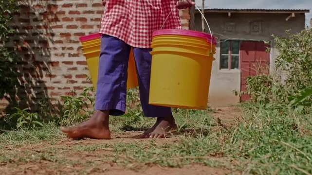 Barefoot African girl carrying yellow water buckets along a narrow village path, showing daily chores, water collection and authentic rural life near brick houses.