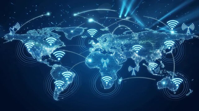 A high-tech representation of the world map with wireless signals and connectivity indicators.