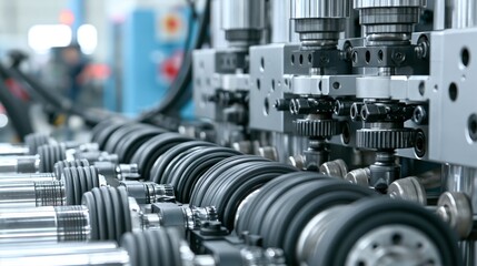 Fototapeta premium Industrial production of rubber hoses with a medium shot showing detailed formation and trimming on a hightech molding line.