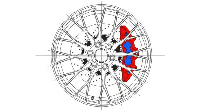 Car wheel, alloy rim, red brake, automotive part, vehicle accessory