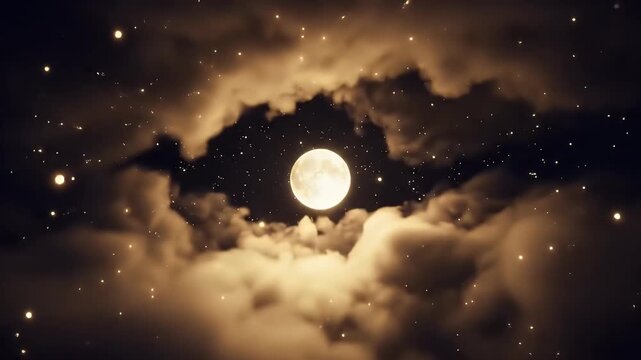 A luminous full moon shining through wispy clouds in a starry night sky