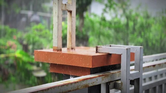 Overcast Day: A terracotta-colored structure, perhaps a small table or pedestal, rests on a metal railing under a gentle rain. The background features lush green foliage.