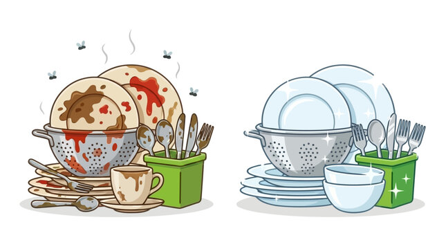 Illustration of dirty dishes on the left and clean dishes on the right with utensils in green and blue containers on a white background