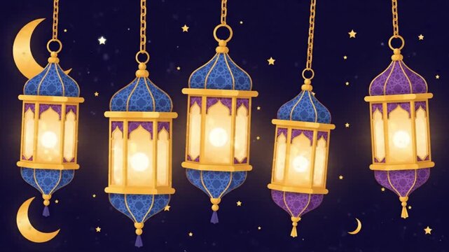 Elegant animated Ramadan lanterns glowing warmly against a starry night sky with crescent moons and decorative Islamic-themed elements.