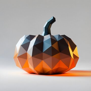 A modern, geometric pumpkin sculpture with a low-poly design glows with warm, ambient light, presenting a stylized autumnal decoration.