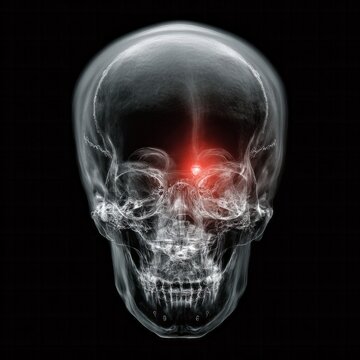 Radiographic image highlights pain in a human skull.