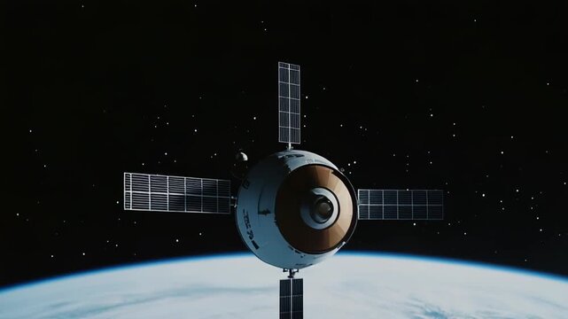 Satellite with solar panels orbiting planet earth, capturing data and relaying communications against a starry background in the vastness of the cosmos