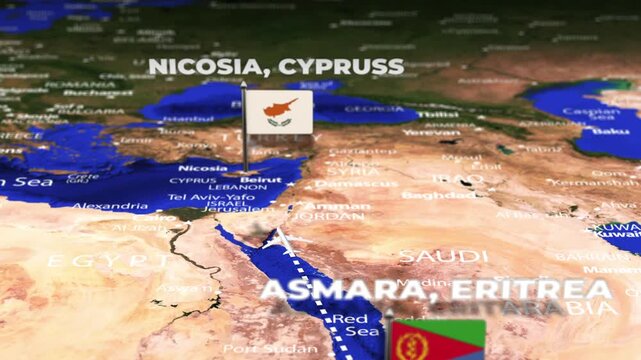 Flight From Asmara ERITREA to Nicosia CYPRUS with flag pins