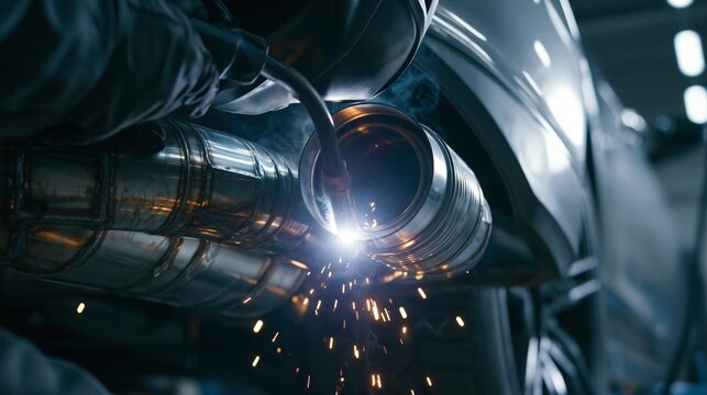 Medium angle capturing the assembly of highperformance mufflers and catalytic components highlighting precision welding in a specialized garage.