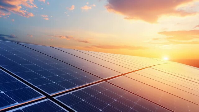 Solar panels absorbing light from the setting sun, contributing to sustainable energy production and a greener future, highlighting environmental responsibility and technological advancement
