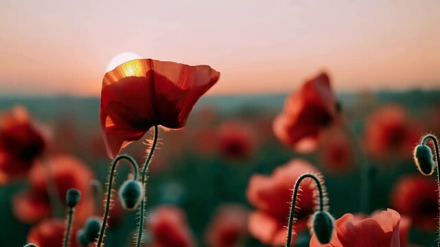 Poppy Field Moving in Wind During Golden Sunset, Cinematic Wildflower Meadow with Warm Evening Light and Peaceful Nature Atmosphere, Scenic Countryside Landscape Video