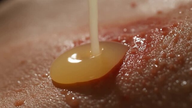 Closeup of liquid dripping onto textured surface