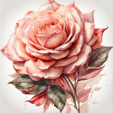 A close-up watercolor painting of a soft pink rose, showcasing its delicate petals and lush leaves, exuding elegance and natural beauty