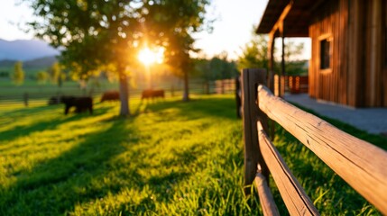 Fototapeta premium Peaceful Farm Scene at Sunset with Grazing Livestock and Natural Atmosphere in Rural Setting