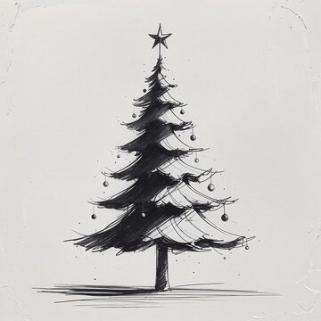 A festive Christmas tree illustration with simple ornaments and a star on top, rendered in a sketchy, black-and-white style. The tree has a whimsical and classic holiday feel