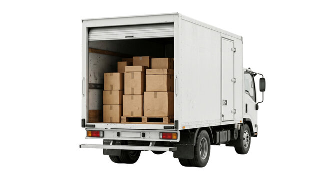A white delivery truck with an open back full of cardboard boxes on a pallet.