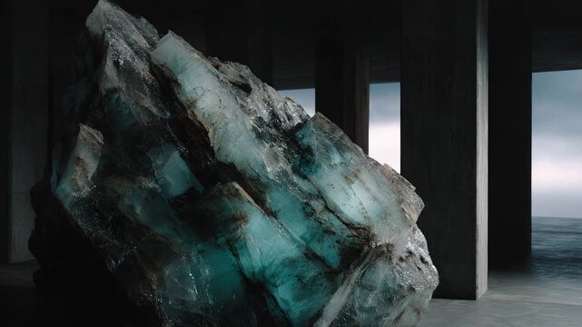 Large raw crystal mineral, glowing with a striking turquoise internal light, anchoring a brutalist concrete interior space with the vast sea visible through the open structure