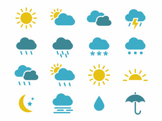 Obraz premium Flat Weather Icons Set – Simple Climate and Forecast Symbols Collection with Sun, Clouds, Rain and Snow