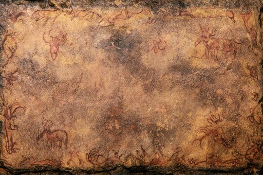 Ancient cave art depict various animal figures on a textured rock surface