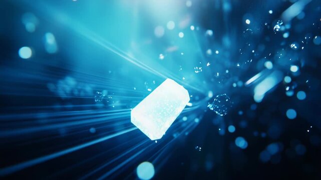 Abstract digital data block shattering and dispersing into glowing particles, moving across radiant blue light rays in a conceptual and dynamic deep space environment