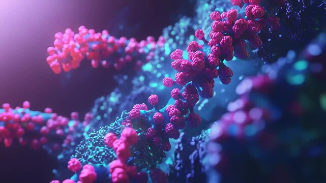 Microscopic representation showing a complex dna helix structure with interconnected cells, appearing as abstract biology and genetic particles in scientific research