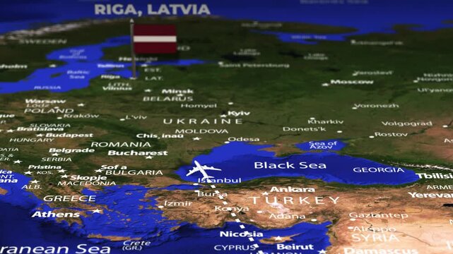 Flight From Asmara ERITREA to Riga LATVIA with flag pins