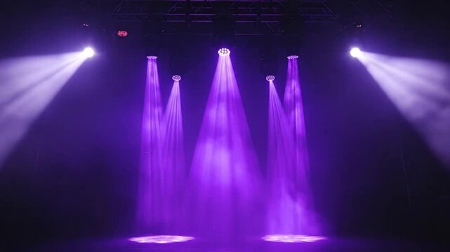 Bright purple stage lights shine down on a dark empty performance floor