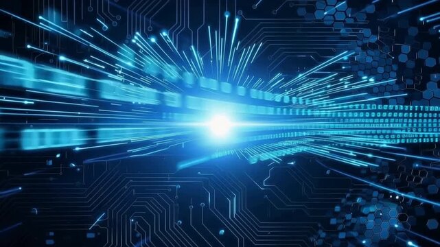 Abstract digital background featuring binary code and glowing data streams, representing information technology.