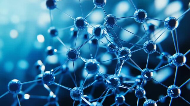 Blue transparent spheres and connecting rods forming an abstract molecular structure, illustrating science, medical research, and advanced technology concepts