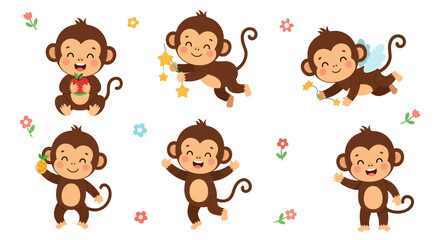 Fototapeta premium Cute Cartoon Monkey Set with Various Poses and Fun Activities