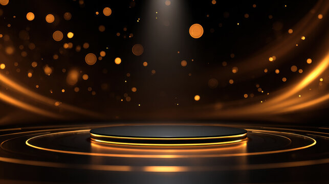 Golden stage platform glowing lights black background elegant abstract display scene