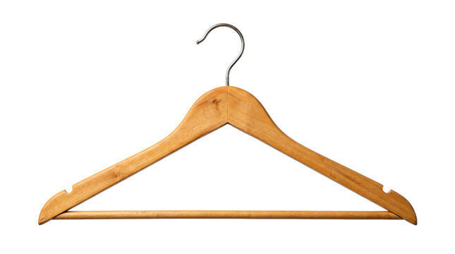 Wooden clothes hanger with metal hook isolated on transparent background png for fashion and closet organizing.