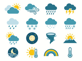 Obraz premium Flat Weather Icons Set – Simple Climate and Forecast Symbols Collection with Sun, Clouds, Rain and Snow
