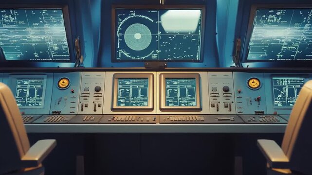 Control room with multiple screens displaying complex data and navigation information, featuring two operator chairs and high tech equipment for strategic operations