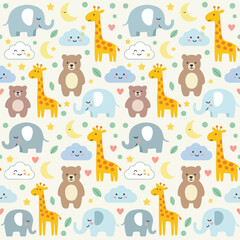 Fototapeta premium Cute seamless pattern with cartoon elephants, giraffes, and bears, perfect for baby and nursery designs, featuring stars, moons, and clouds.
