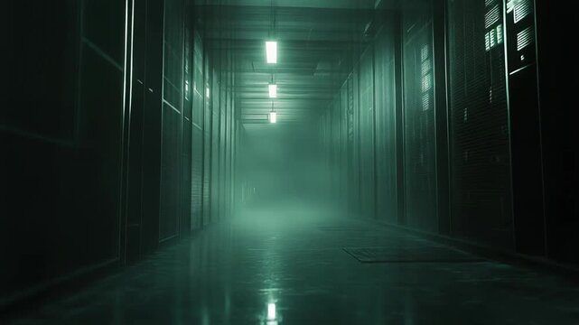 Server room corridor extends into the distance, filled with ethereal green glow and mist, creating a mysterious atmosphere within an industrial computing infrastructure