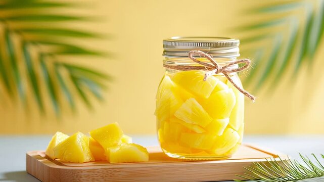 Fresh pineapple chunks in glass jar with tropical background and palm leaves