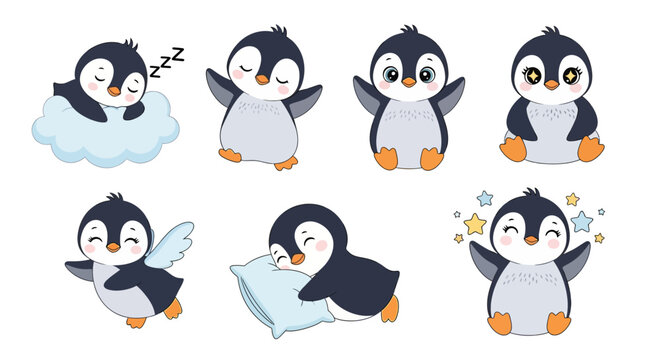 Cute Cartoon Penguin Set with Various Emotions and Poses