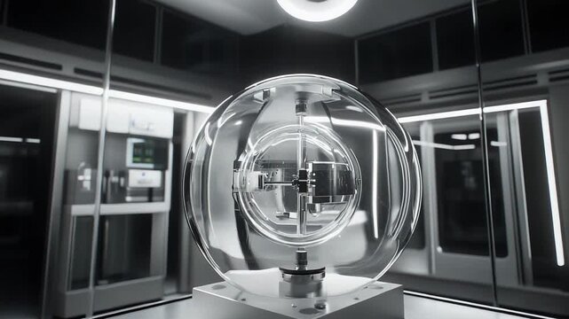 Glass sphere housing intricate mechanisms sits on a sterile platform in a bright modern lab, evoking high tech research, biotechnology, ai development, and precision engineering
