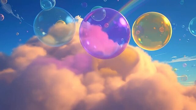 Many colorful soap bubbles float against a bright blue sky with fluffy clouds