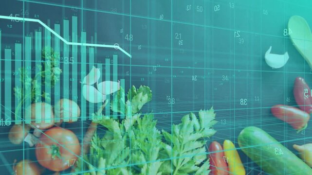 Faint grid appearing starts teal overlay animating over veg bars rising line sliding showing data